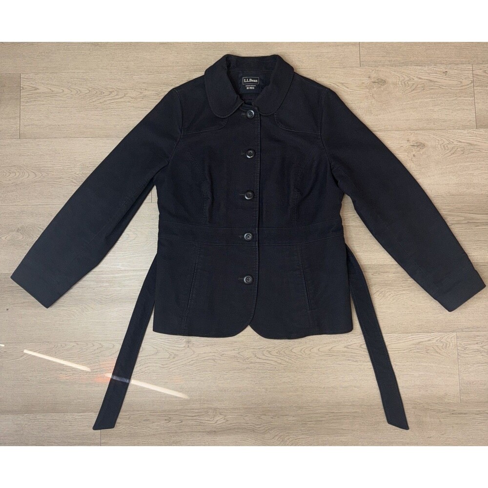 L.L.Bean Women M Black Charcoal Button Front Jacket Peter Pan Collar Belted Soft